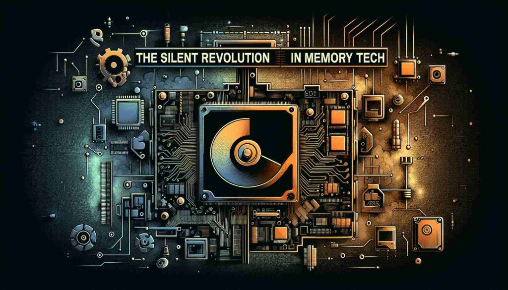 Generate an HD illustrated depiction of 'The Silent Revolution in Memory Tech'. Create a visual representation that signifies technological advancement and features symbolic elements such as microchips, circuits, and hard drives. Overlay this with an element of mystery to signify undisclosed information.