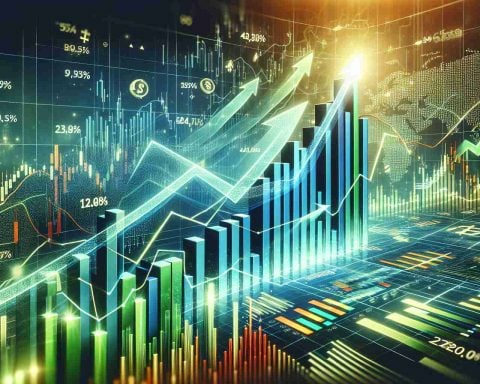 Generate a realistic high-definition image depicting the abstract concept of a stock market surge. The image should ideally capture a bullish stock market graph soaring upwards, with steady upward arrows and positive signs such as color-coded bar graphs in green, investment symbols, and positive percentages indicating growth. Feel free to creatively represent this notion in a way that could be used, for example, in a financial news story about major market movers. However, avoid any specific company logos or symbols.