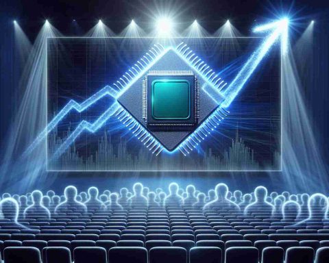 A realistic high-definition image depicting the symbol of a renowned microchip manufacturing company, spotlighted dramatically as though it is on a theatre stage. Around it, there is the abstract representation of a surge in stock value, perhaps shown as an upward trending graph. The setting is ensconced with whispers and murmur, symbolizing the rampant rumors.