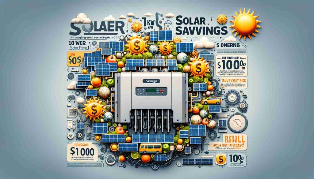 Generate a high-definition, realistic image highlighting 'Solar Savings!' The visual should emphasize the true cost of 10 kW solar inverters. This information should be creatively displayed, perhaps within the design of a cutting-edge solar inverter or as an engaging infographic. The overall tone should be informative and eye-catching, suggesting the potential energy and cost savings possible through the use of solar power.