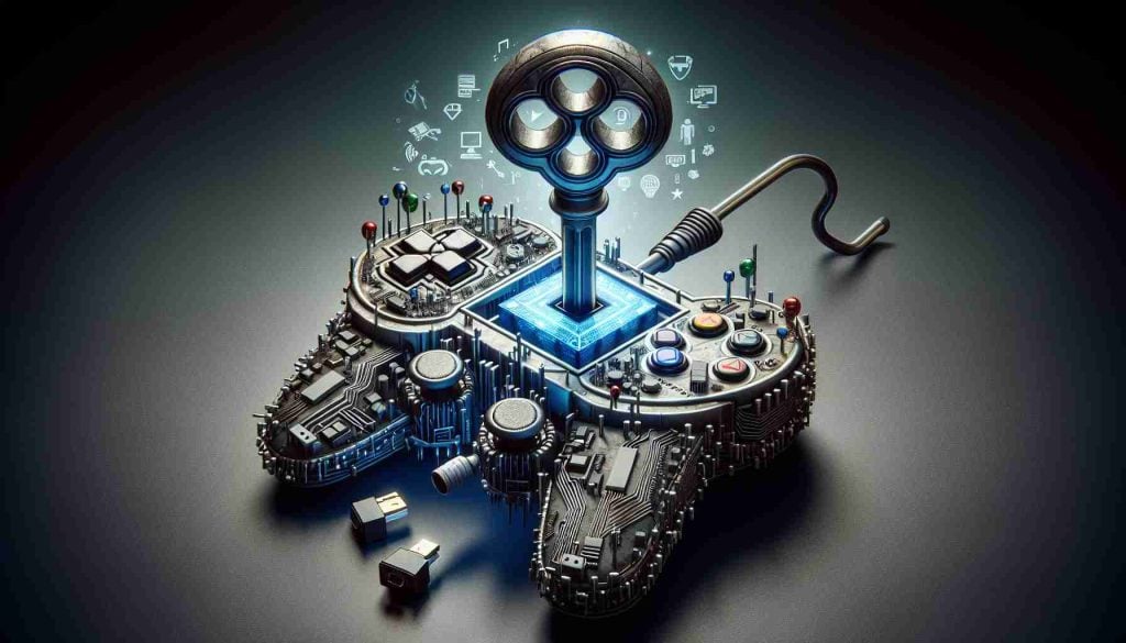 A realistic, high-definition image representing the concept of 'Unlocking the Future of Gaming'. It shows a symbolic key, finely detailed with elements related to advancements in technology like microprocessors, virtual reality goggles and high-speed network symbols, being inserted into a stylized virtual lock shaped like a classic video game controller. This controller emanates an aura of nostalgia but is also infused with futuristic elements, highlighting the blend of past and future in gaming innovations. The key turning the lock symbolizes a bold move made by a major video game corporation.