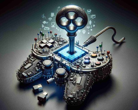 A realistic, high-definition image representing the concept of 'Unlocking the Future of Gaming'. It shows a symbolic key, finely detailed with elements related to advancements in technology like microprocessors, virtual reality goggles and high-speed network symbols, being inserted into a stylized virtual lock shaped like a classic video game controller. This controller emanates an aura of nostalgia but is also infused with futuristic elements, highlighting the blend of past and future in gaming innovations. The key turning the lock symbolizes a bold move made by a major video game corporation.