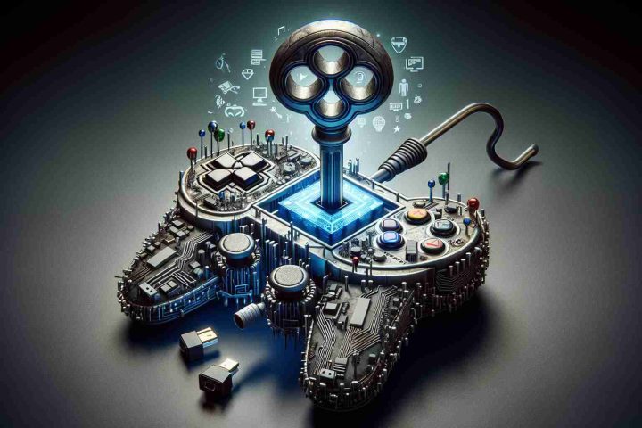 A realistic, high-definition image representing the concept of 'Unlocking the Future of Gaming'. It shows a symbolic key, finely detailed with elements related to advancements in technology like microprocessors, virtual reality goggles and high-speed network symbols, being inserted into a stylized virtual lock shaped like a classic video game controller. This controller emanates an aura of nostalgia but is also infused with futuristic elements, highlighting the blend of past and future in gaming innovations. The key turning the lock symbolizes a bold move made by a major video game corporation.