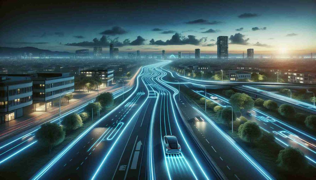 High definition, realistic image of electric roads signifying a silent revolution. The scene showcases a transportation infrastructure change, with electric vehicles traveling on paths designed for wireless charging. The roads display glowing lines indicating the charge path, while the landscape around features urban buildings and trees. The environment is futuristic, yet realistic, capturing the transformational changes brought about by technology.