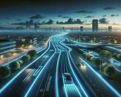 High definition, realistic image of electric roads signifying a silent revolution. The scene showcases a transportation infrastructure change, with electric vehicles traveling on paths designed for wireless charging. The roads display glowing lines indicating the charge path, while the landscape around features urban buildings and trees. The environment is futuristic, yet realistic, capturing the transformational changes brought about by technology.