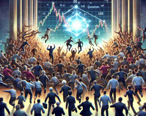 Generate a realistic, high-definition illustration of the concept of 'Quantum Leap' in stocks, symbolizing a significant, sudden increase. Depict the D-Wave Quantum Aktie as sparking immense interest from investors, perhaps through visual metaphors such as a large crowd of diverse individuals, men and women of various descents like Caucasian, Hispanic, Black, Middle-Eastern, and South Asian, rushing toward the depicted stock as it begins a significant rise.