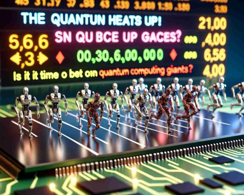 Realistic HD photo of miniature robotic figures, arranged in a race setup on gleaming silicon chips, representing the competition in quantum computing. The background is a billboard representing stock market trends, with the words 'The Quantum Race Heats Up! Is It Time to Bet on Quantum Computing Giants?' brightly illuminated.