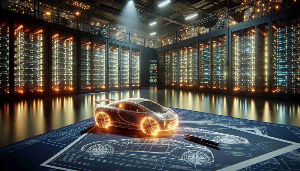 A realistic high-definition image representing the surge in innovation by a prominent electric vehicle company. The scene should ideally depict a grand step forward in technology that came unexpectedly. This can be represented by an impressively large server room glowing with innumerable blinking lights. On the foreground, blueprints displaying innovative designs of electric vehicles and sustainable energy solutions should be spread out on a table. The atmosphere should exude a vibe of futuristic technology and groundbreaking progress.