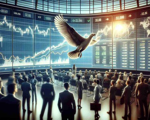 A high-definition, realistic illustration of a financial scene. The focus is a soaring bird, symbolizing the successful market debut by a banking company. Investors are gathered in a stock exchange building, looking at large displays showing positive stock graphs and other financial information. The atmosphere is enthusiastic and filled with anticipation. The scenery describes the essence of the financial world reacting to a successful business debut.