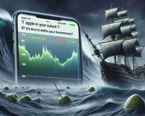 A high-definition, realistic image illustrating the concept of a future where Apple Inc.'s prospects look bleak. This might include a representation of a metaphorical ship in stormy seas to symbolize the company's challenges, or a stock chart indicating a downward trend. A hypothetical question directed towards the viewers asking if it's time to withdraw their investments can be seen in the foreground.