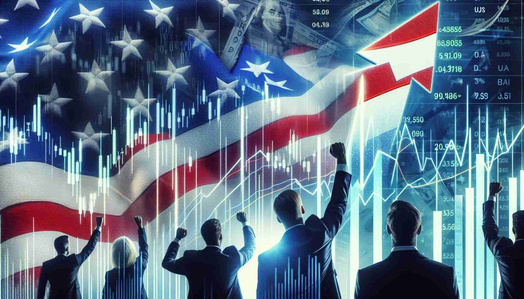 Create a high-definition image of the US stock market surging. The image should include representations of financial growth like graphs, charts, and numbers soaring upwards. Also represent the cause of this upturn - bold strategies by a prominent political figure.