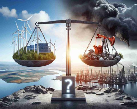 High definition and realistic image of the representation of Norway's energy dilemma. Visualize a balancing scale, with one side leaning towards a clean energy model, perhaps wind turbines and solar panels in a beautiful Norwegian landscape, and the other side leaning towards traditional fossil fuels, represented by oil pumps and industrial machinery amid stark contrast. Above the scene, project a question mark, symbolizing the tough choices and decisions that have to be made: Is this a bold plan or a risky bet?