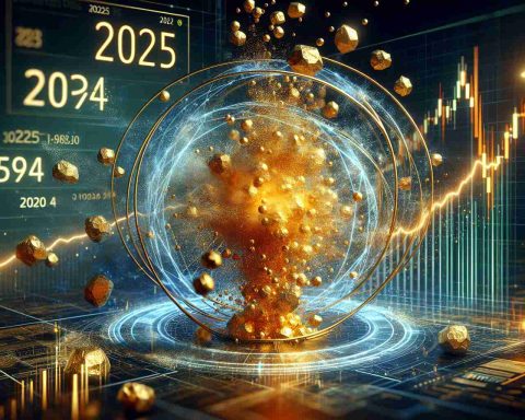 A high-definition, realistic image portrait of a symbolic representation of 'The Quantum Gold Rush'. It is showing a rush of golden particles, similar to gold nuggets, in an upward motion, illustrating the concept of quantum physics and the skyrocketing stocks. The background is set in the early moments of a year signifying 2025, with a futuristic digital calendar showing '2025.' In the foreground, a stock market chart is depicted showing a sharp rise.