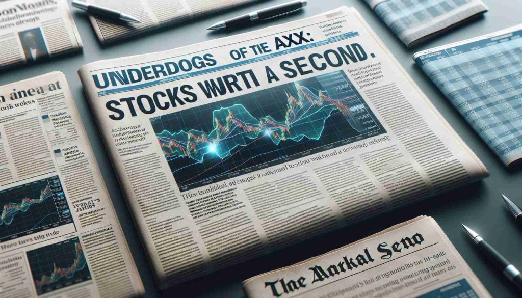 Depict a high-definition, realistic photograph-style image of a financial newspaper headline highlighting 'Underdogs of the ASX: Stocks Worth a Second Look.' Include images of stock market charts or graphs beside the headlines, and ensure the overall aesthetic conveys a sense of seriousness and financial prowess.