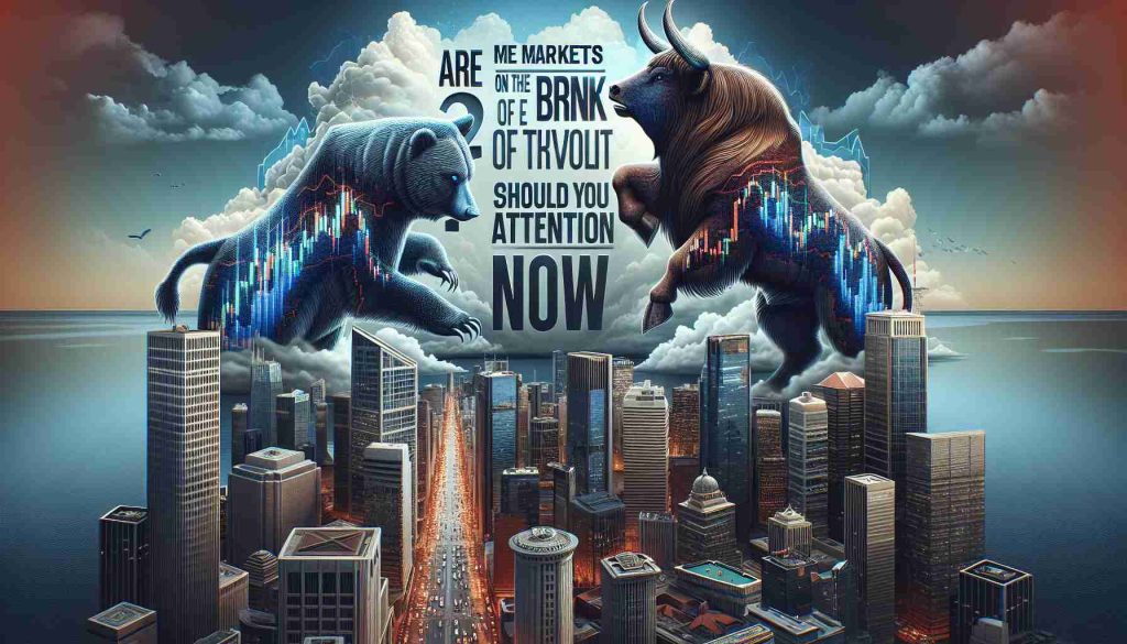 A detailed, high-resolution image representing the concept of market revolution. The foreground should depict a symbolic illustration of changing markets, possibly a bull and bear locking horns to represent the stock market. The background can be a skyline of a bustling city that symbolizes economic activity, with large skyscrapers and lively streets. On the sky, the question 'Are Markets on the Brink of Revolution?' is written in the form of clouds, while 'Discover Why You Should Pay Attention Now' is reflected on some of the tall buildings. This composition aims to capture the urgency and importance of changes in the global market.