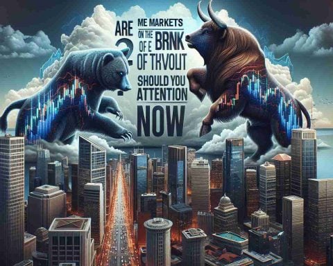 A detailed, high-resolution image representing the concept of market revolution. The foreground should depict a symbolic illustration of changing markets, possibly a bull and bear locking horns to represent the stock market. The background can be a skyline of a bustling city that symbolizes economic activity, with large skyscrapers and lively streets. On the sky, the question 'Are Markets on the Brink of Revolution?' is written in the form of clouds, while 'Discover Why You Should Pay Attention Now' is reflected on some of the tall buildings. This composition aims to capture the urgency and importance of changes in the global market.