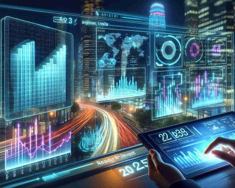 A realistic, high-definition image of a futuristic 2025 stock market scenario. Display a digital board with arbitrary, creative fluctuations of stocks data; have it glowing under the light of a bustling city night. Add details like urban skyscrapers in the background, lined with brightly lit windows. To depict the 'ready to invest' concept, include elements such as someone holding an analyst report on their holographic tablet and another person nearby looking over it, showing active interest. Also, show a digital calendar nearby, indicating the year is 2025.