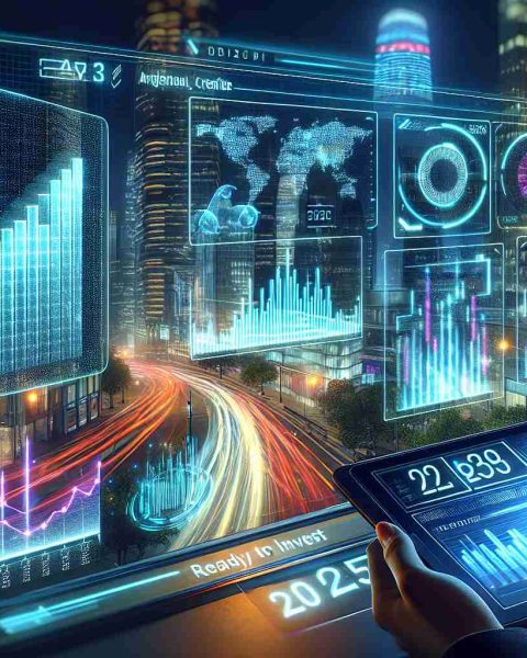 A realistic, high-definition image of a futuristic 2025 stock market scenario. Display a digital board with arbitrary, creative fluctuations of stocks data; have it glowing under the light of a bustling city night. Add details like urban skyscrapers in the background, lined with brightly lit windows. To depict the 'ready to invest' concept, include elements such as someone holding an analyst report on their holographic tablet and another person nearby looking over it, showing active interest. Also, show a digital calendar nearby, indicating the year is 2025.