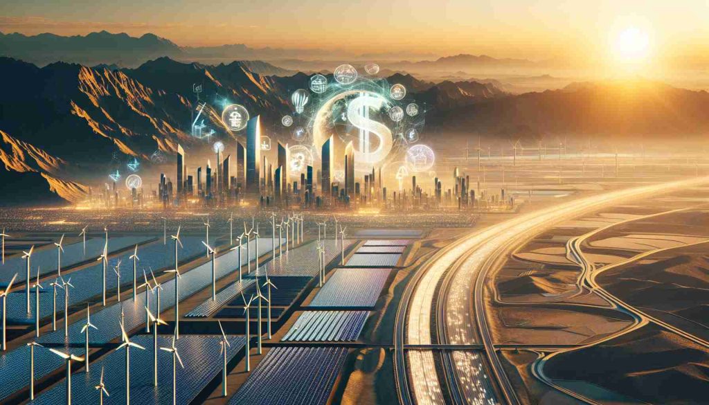 Produce a realistic, high-definition image showing the concept of a 'New Dawn for Energy'. This should depict an expansive landscape in the United Arab Emirates, filled with potential energy sources. Features might include the early morning sun rising over large solar panel fields, rows of wind turbines, and futuristic buildings symbolizing innovation in energy investment. Additionally, incorporate subtle visual elements hinting at a billion-dollar financial commitment such as golden numerical figures or abstract symbolic images of currency.