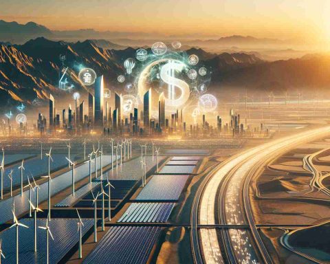 Produce a realistic, high-definition image showing the concept of a 'New Dawn for Energy'. This should depict an expansive landscape in the United Arab Emirates, filled with potential energy sources. Features might include the early morning sun rising over large solar panel fields, rows of wind turbines, and futuristic buildings symbolizing innovation in energy investment. Additionally, incorporate subtle visual elements hinting at a billion-dollar financial commitment such as golden numerical figures or abstract symbolic images of currency.