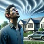A high-definition, photorealistic image capturing the concept of mysterious sounds coming from the sky. The scene could include a person outdoors, looking upward in confusion as unusual and indescribable noises seem to echo in the air above. Perhaps there's a touch of fear or wonder in their eyes due to the puzzling phenomena. The location should be suburban, with a clear blue sky overhead. The essential elements such as trees, houses and parked cars should be included, contributing to the overall mystique of the situation.