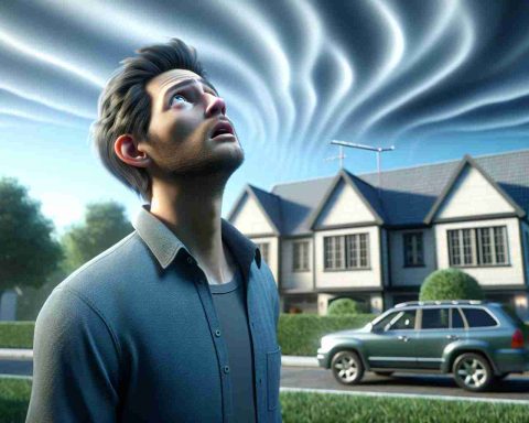 A high-definition, photorealistic image capturing the concept of mysterious sounds coming from the sky. The scene could include a person outdoors, looking upward in confusion as unusual and indescribable noises seem to echo in the air above. Perhaps there's a touch of fear or wonder in their eyes due to the puzzling phenomena. The location should be suburban, with a clear blue sky overhead. The essential elements such as trees, houses and parked cars should be included, contributing to the overall mystique of the situation.