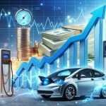A high-definition, realistic image presenting a concept of electric vehicle stocks surging. This is characterized by a bar chart showcasing a sharp upward trend, representing the surge. The chart is superimposed on a background of electric vehicles charging at a charging station. Add nuances symbolizing 'cooling inflation concerns', such as a thermometer showing a decreasing temperature placed near a pile of gold coins or money bills. Please avoid any specific brand logos or identifiers on the electric vehicles.