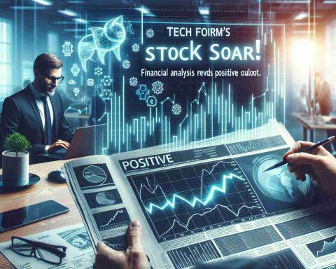 Create a photorealistic image in High Definition showcasing a positive chart or graph that indicates a surge in a generic tech company's stock value. Also include a newspaper headline saying 'Tech Firm's Stock Soars! Financial Analysis Reveals Positive Outlook.'