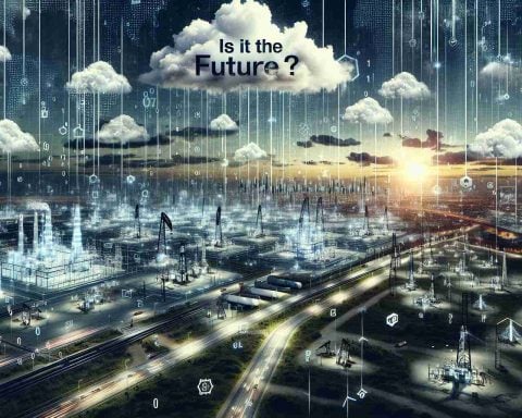 A highly detailed, realistic image portraying the concept of the Big Data revolution in the oil and gas industry. Please visualize a digital landscape dotted with oil rigs and gas pipelines, overlaid with elements that represent data such as binary codes, graphs, and network lines. On the horizon, hint at a futuristic city indicating the future of the industry. In the sky above, form the question, 'Is it the Future?' with clouds or perhaps as a digital projection.