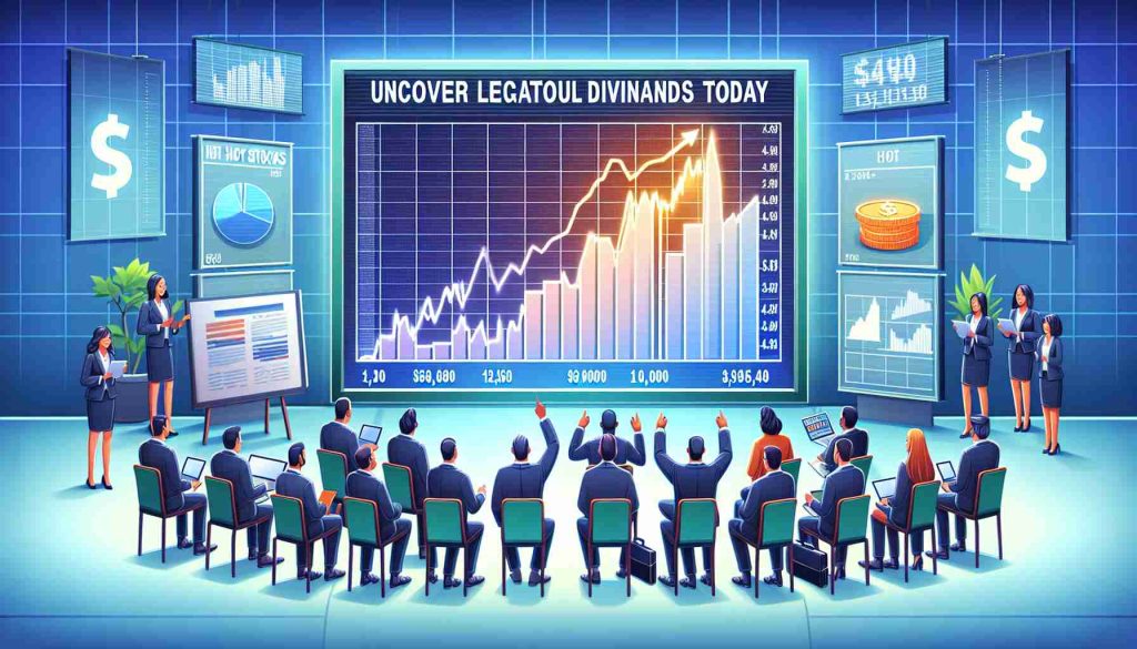 A high-resolution image representing the concept of stock investing. Feature a diverse group of people eagerly watching a rising graph on a large screen, symbolizing 'Hot Stocks'. Beside it, have a banner or board which reads 'Uncover Lucrative Dividends Today!' To ensure authenticity, depict elements like business suits, stock tickers, and laptops.