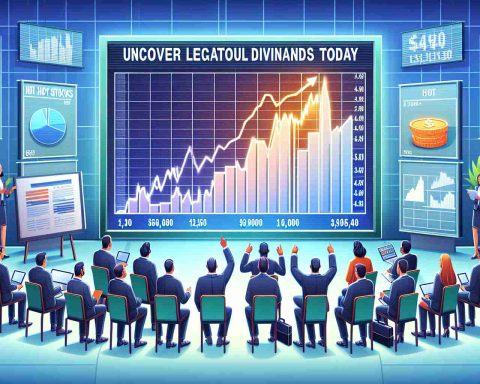 A high-resolution image representing the concept of stock investing. Feature a diverse group of people eagerly watching a rising graph on a large screen, symbolizing 'Hot Stocks'. Beside it, have a banner or board which reads 'Uncover Lucrative Dividends Today!' To ensure authenticity, depict elements like business suits, stock tickers, and laptops.