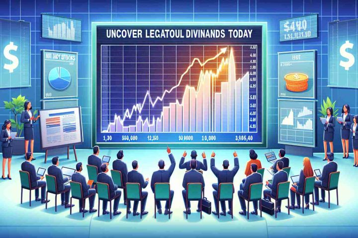 A high-resolution image representing the concept of stock investing. Feature a diverse group of people eagerly watching a rising graph on a large screen, symbolizing 'Hot Stocks'. Beside it, have a banner or board which reads 'Uncover Lucrative Dividends Today!' To ensure authenticity, depict elements like business suits, stock tickers, and laptops.