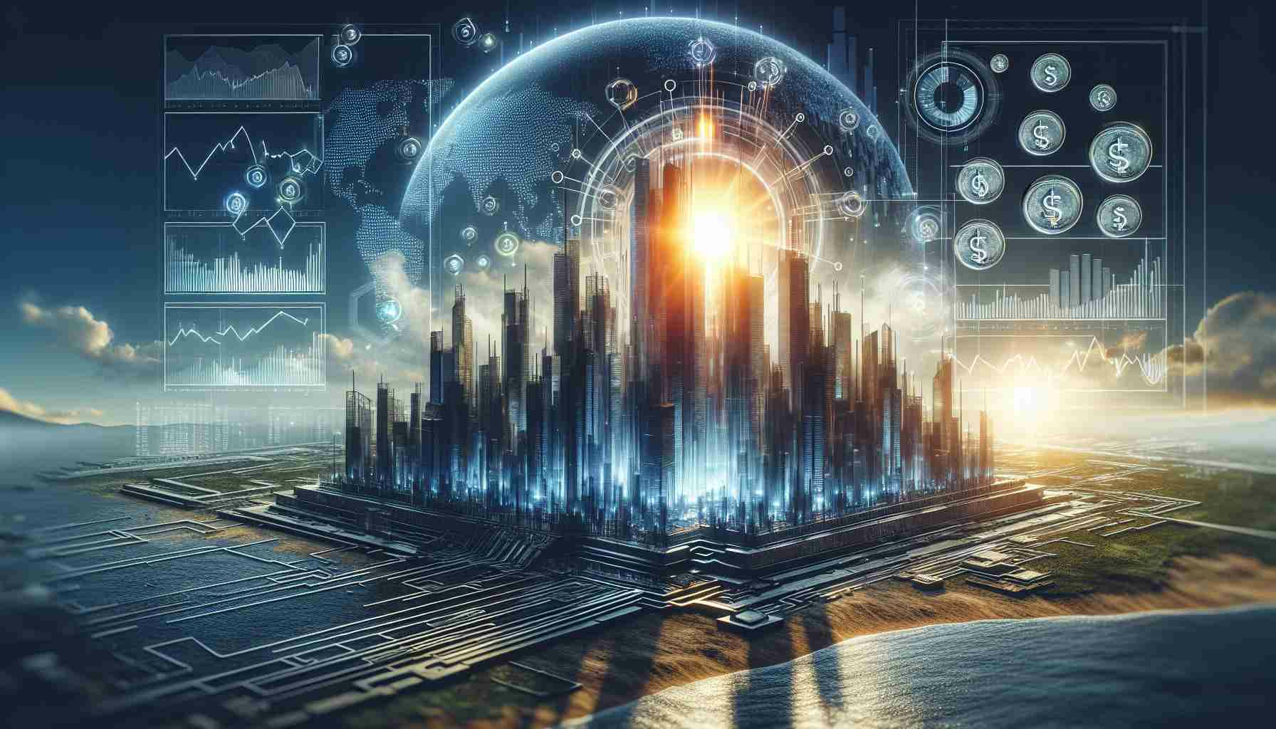 A high-definition, realistic image of a symbolic representation of future investments. This could include a futuristic city skyline being built against the backdrop of a rising sun, symbolizing the dawn of a new era. As part of the cityscape, include a digital screen displaying graphs and statistical data, indicating the stock market trends and possible investments. Also, incorporate digital coins or stock symbols to signify the concept of investments.