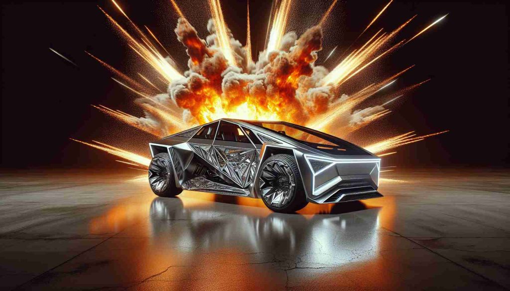 A highly realistic and high-definition image portraying an electric future vehicle with its design inspired by sharp geometric lines, made of sturdy stainless steel. The picture should capture a moment of intense shock as there is an unexpected and dramatic explosion in the backdrop, stunning the onlookers. Surely, such a spectacle would surprise fans of modern and unique vehicle designs.