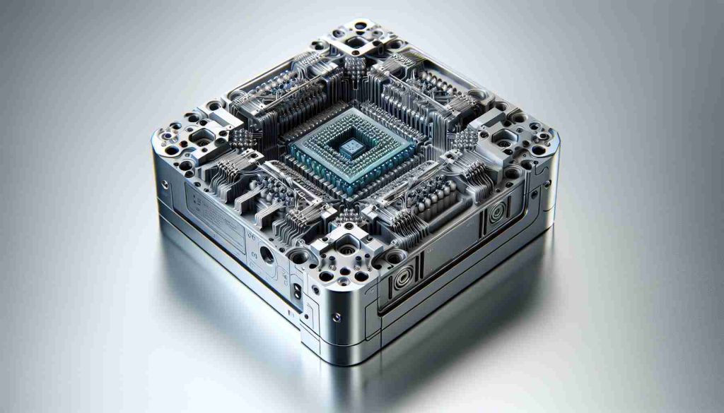 A realistic, high-definition image of a cutting-edge quantum technology breakthrough that represents a ground-breaking advancement in the field, similar to what one might expect from a major technology company known for innovation in computing. This complex array of technology features intricate details around its central processing unit that are inspired by quantum mechanics. The image is taken against a clean, sleek laboratory backdrop. Please note, however, that this is a fictional representation and does not depict an actual existing piece of technology.