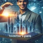Generate a high-resolution, realistic image representing the concept of 'Investing in Tomorrow's Giants'. This can include a person holding a futuristic city's model representing technological advancement, with skyscrapers and solar panels, symbolizing tomorrow's giants. The person can be of South Asian descent and visibly excited about the potential growth and prosperity.