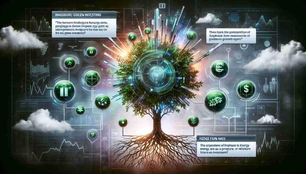 An HD image expressing the concept of green investing focused on Enphase Energy industry. This should include a flourishing tree made of futuristic technology surrounded by symbols of green energy such as solar panels and wind turbines. At the bottom of the image, let there be a dialogue bubble containing a brief discussion or quote from imaginary hedge fund managers about the potential of Enphase Energy as a future green investment. Remember, the message should be abstract, not representing real individuals or specific figures.