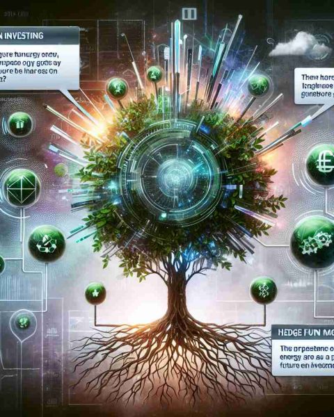 An HD image expressing the concept of green investing focused on Enphase Energy industry. This should include a flourishing tree made of futuristic technology surrounded by symbols of green energy such as solar panels and wind turbines. At the bottom of the image, let there be a dialogue bubble containing a brief discussion or quote from imaginary hedge fund managers about the potential of Enphase Energy as a future green investment. Remember, the message should be abstract, not representing real individuals or specific figures.