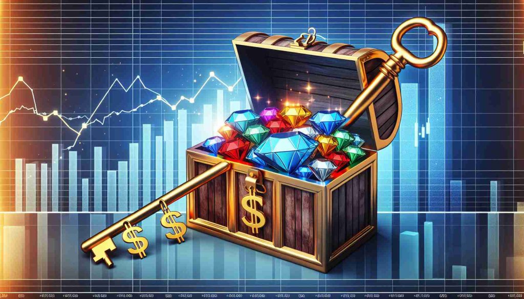 An image representing the concept of discovering profitable penny stocks, symbolized as hidden gems. Pictorial representation could include a key unlocking a treasure chest filled with shiny gems, each labeled with the symbol '$'. This is set against the backdrop of a financial market graph showing upward trends. The image should be colorful, detailed, and realistic in High Definition quality.