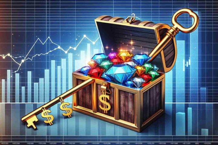 An image representing the concept of discovering profitable penny stocks, symbolized as hidden gems. Pictorial representation could include a key unlocking a treasure chest filled with shiny gems, each labeled with the symbol '$'. This is set against the backdrop of a financial market graph showing upward trends. The image should be colorful, detailed, and realistic in High Definition quality.