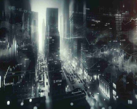 An image showing an abstract representation of the movements of Tesla's stock. The image uses shades of grey to symbolize darkness and shadowy motions. Blurry numbers and data, representing stock market figures, float in the darkness. In the distance, there's an outline of a street filled with various architectural styles, symbolizing Wall Street. This scene should convey the impact of the stock market beyond its usual territory.