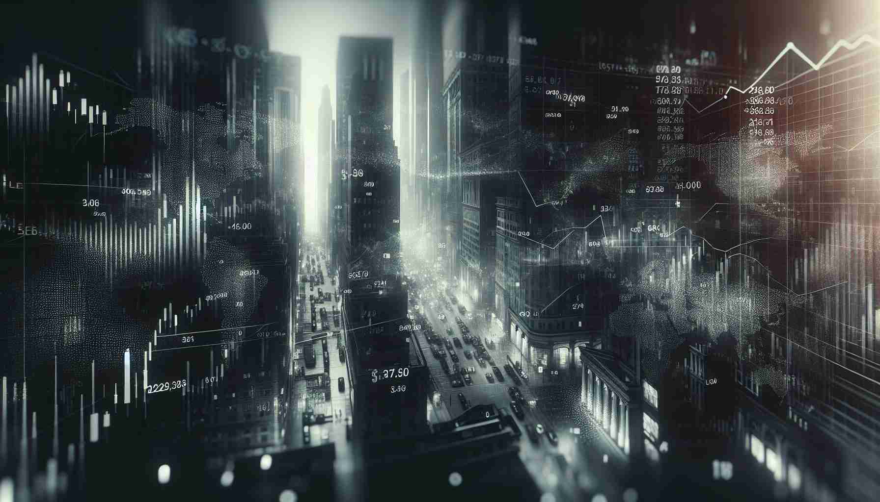 An image showing an abstract representation of the movements of Tesla's stock. The image uses shades of grey to symbolize darkness and shadowy motions. Blurry numbers and data, representing stock market figures, float in the darkness. In the distance, there's an outline of a street filled with various architectural styles, symbolizing Wall Street. This scene should convey the impact of the stock market beyond its usual territory.