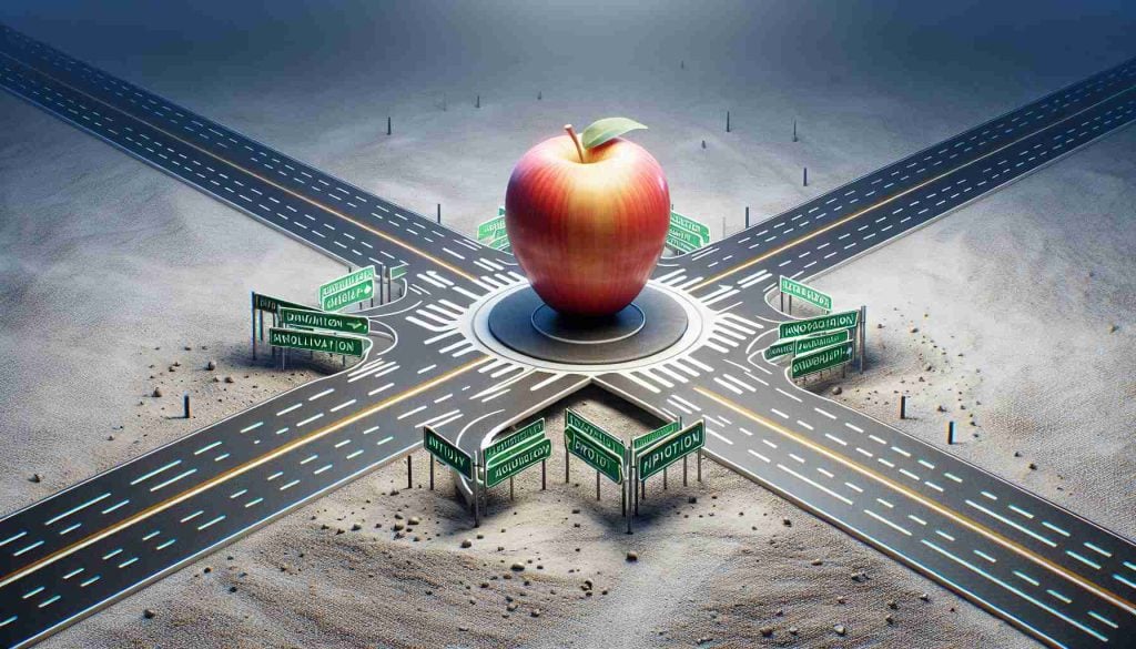 An illustrative depiction of an apple fruit situated at a symbolic crossroads. The scene represents a metaphor that expresses the concept of being at a pivotal moment, questioning whether a hypothetical technology corporation is losing its innovational superiority. The roads should be empty and stretching out in various directions suggesting multiple possible paths. The apple fruit is positioned at the center of the junction, embodying the idea of the decision-making process. The image should be lifelike and of high definition quality.