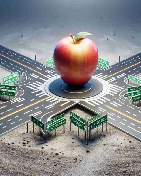 An illustrative depiction of an apple fruit situated at a symbolic crossroads. The scene represents a metaphor that expresses the concept of being at a pivotal moment, questioning whether a hypothetical technology corporation is losing its innovational superiority. The roads should be empty and stretching out in various directions suggesting multiple possible paths. The apple fruit is positioned at the center of the junction, embodying the idea of the decision-making process. The image should be lifelike and of high definition quality.