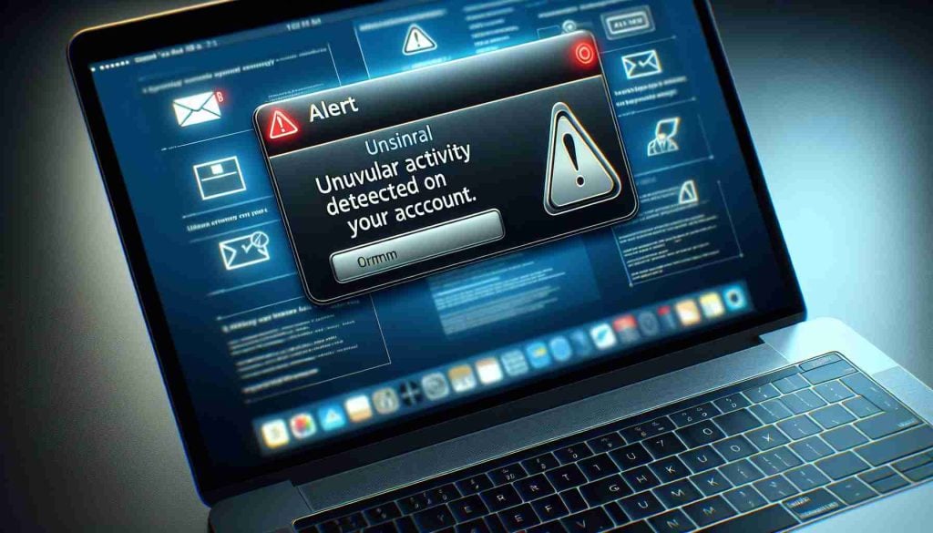 Create a realistic, high-definition image of a screen showing a notification alert. The alert should read 'Unusual activity detected on your account.' The background should appear as a typical desktop environment, perhaps with an email program or some online banking site in the open. Incorporate a few commonly seen iconography like warning signs to visually accentuate the alert.