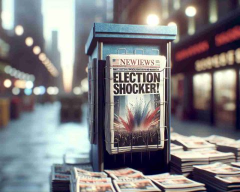 A highly detailed, realistic image representing a newspaper headline exclaiming 'Election Shocker! Market Sectors Poised for Wild Swings: The Untold Dynamics'. The environment should be like a traditional newsstand, with this headline being prominently displayed. There can be a sense of frenzy with papers and magazines neatly stacked yet partially disturbed as if people are grabbing copies. Also, show a blurred backdrop of city streets, capturing the ambiance of a city at dawn. Do not include any politicians or any identifiable public figures.