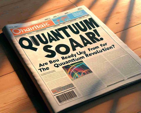 High definition digital rendering of a newspaper headline reading 'Quantum Stocks Soar! Are We Ready for the Quantum Revolution?' The newspaper is spread out on a wooden table, revealing part of an article beneath the headline. The headline text is bold and eye-catching with words 'Quantum' and 'Revolution' emphasizing the importance of the news. Light is streaming through a nearby window, casting a warm glow on the newspaper.