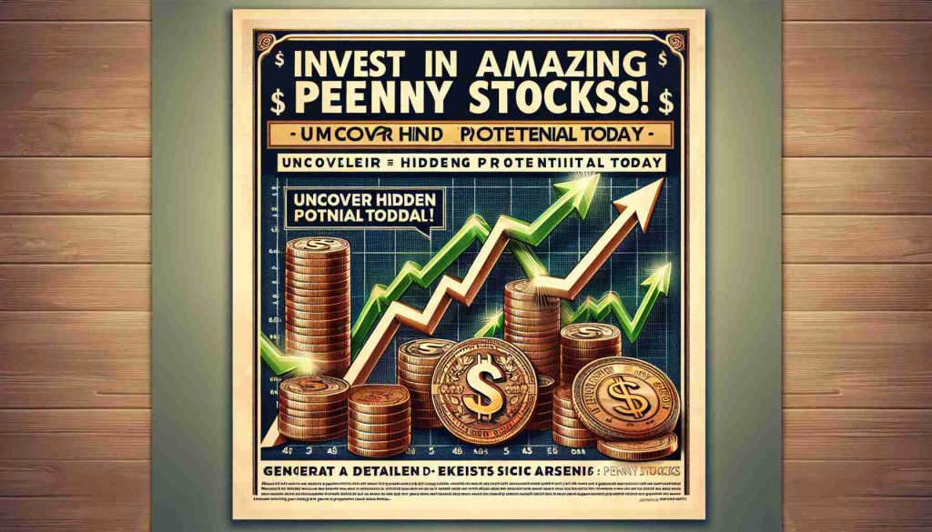 Generate a detailed realistic high-definition image of a promotional piece declaring 'Invest in Amazing Penny Stocks! Uncover Hidden Potential Today'. The image should showcase a chart indicating an upward trend, dollar signs, and perhaps some vintage coins to illustrate the concept of Penny stocks.