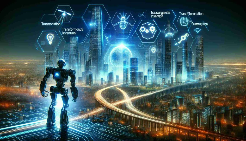 Visualize a futuristic scene illustrating advancements in technology. Imagine a landscape where technology and humanity coexist, with towering structures, advanced vehicles, and a luminescent skyline indicating the city of tomorrow. There's a highlight on a transformational invention called SuperBuzz, represented as an advanced robotic machine taking big strides, showcasing the leap in technological progress.