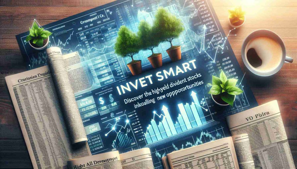 Generate an image of a crystal clear high definition photograph representing the concept of smart investments. The focus of the picture should be on high-yield dividend stocks offering new opportunities. Visualize this with ledgers or financial newspapers detailing these stocks, alongside symbols of growth like saplings or graphs with upward trends. On a prominent part of the picture, include the phrase 'Invest Smart: Discover the High-Yield Dividend Stocks Unveiling New Opportunities'.